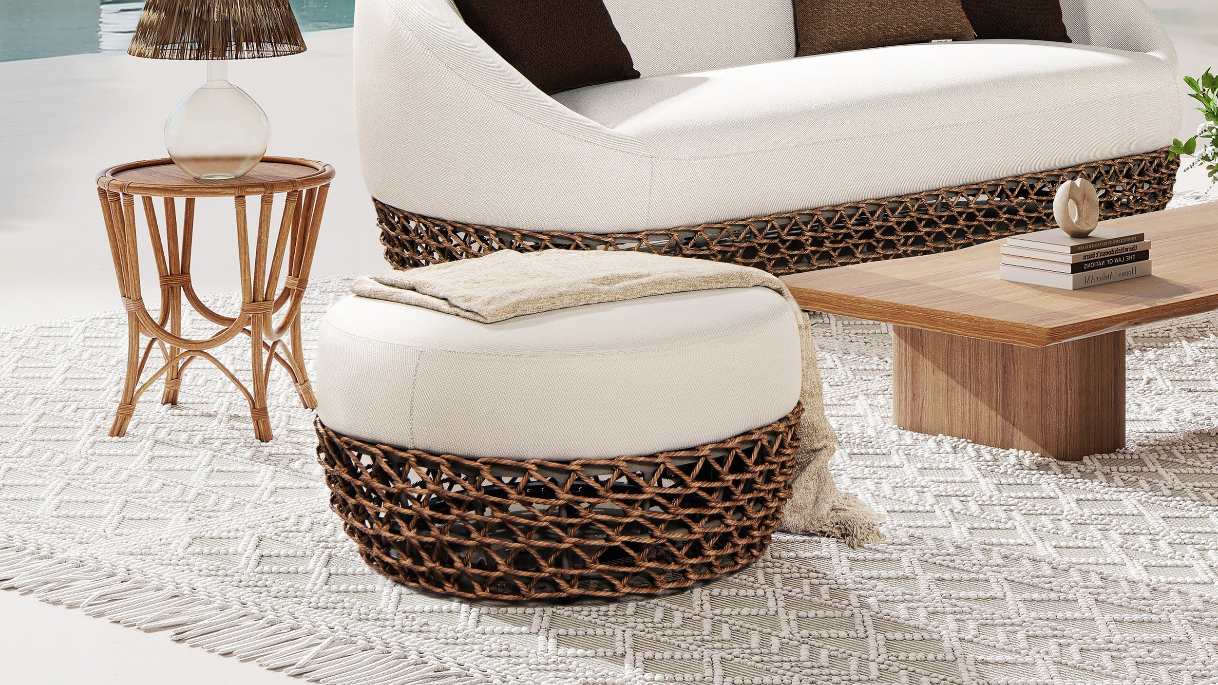 Willow Round Wicker & Upholstered Patio Ottoman - Image 5