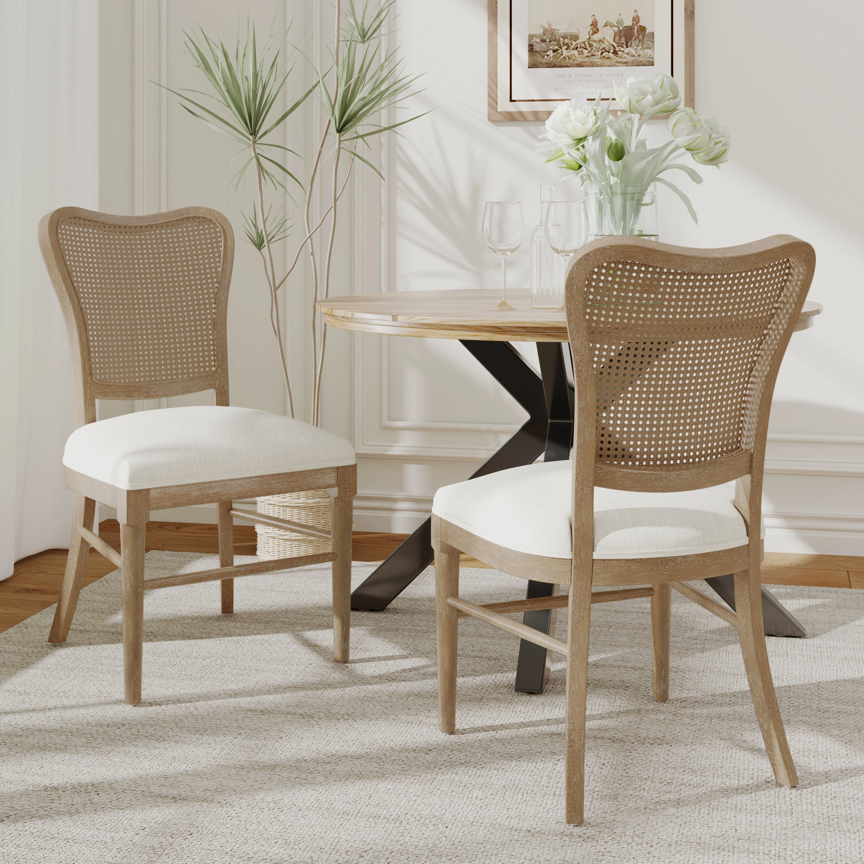 Wood and Woven Cane Dining Chairs, Set of 2