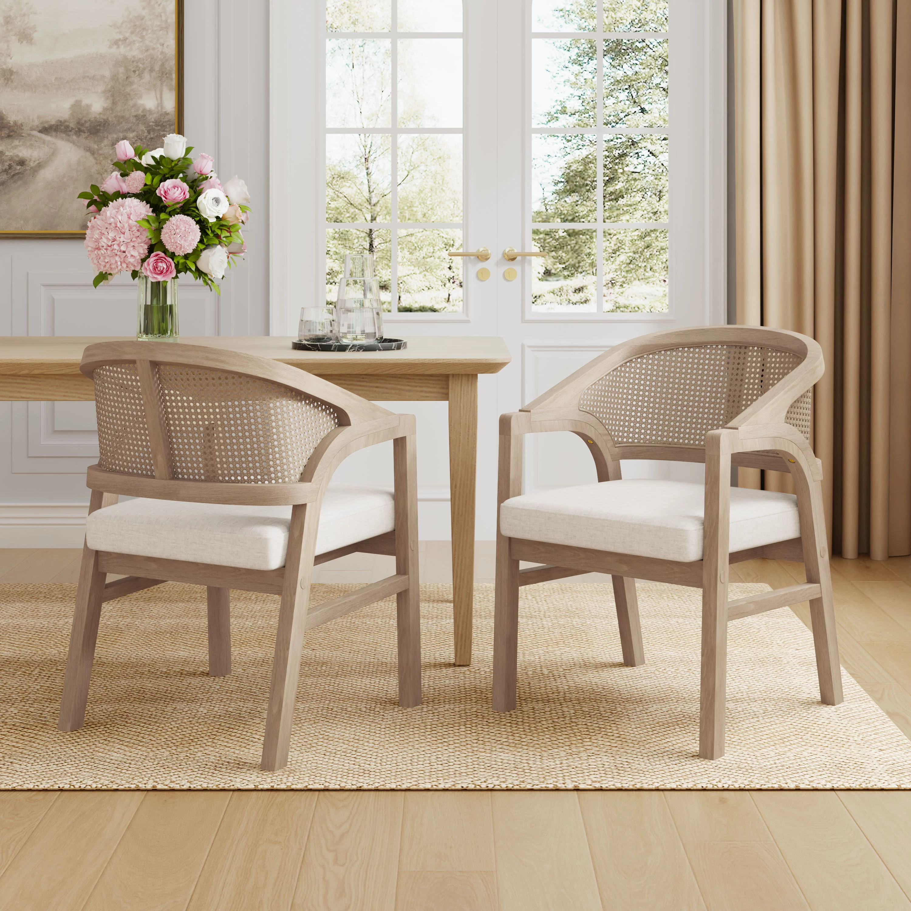 Wooden Frame Dining Chair with Rattan Back, Set of 2 - Image 13