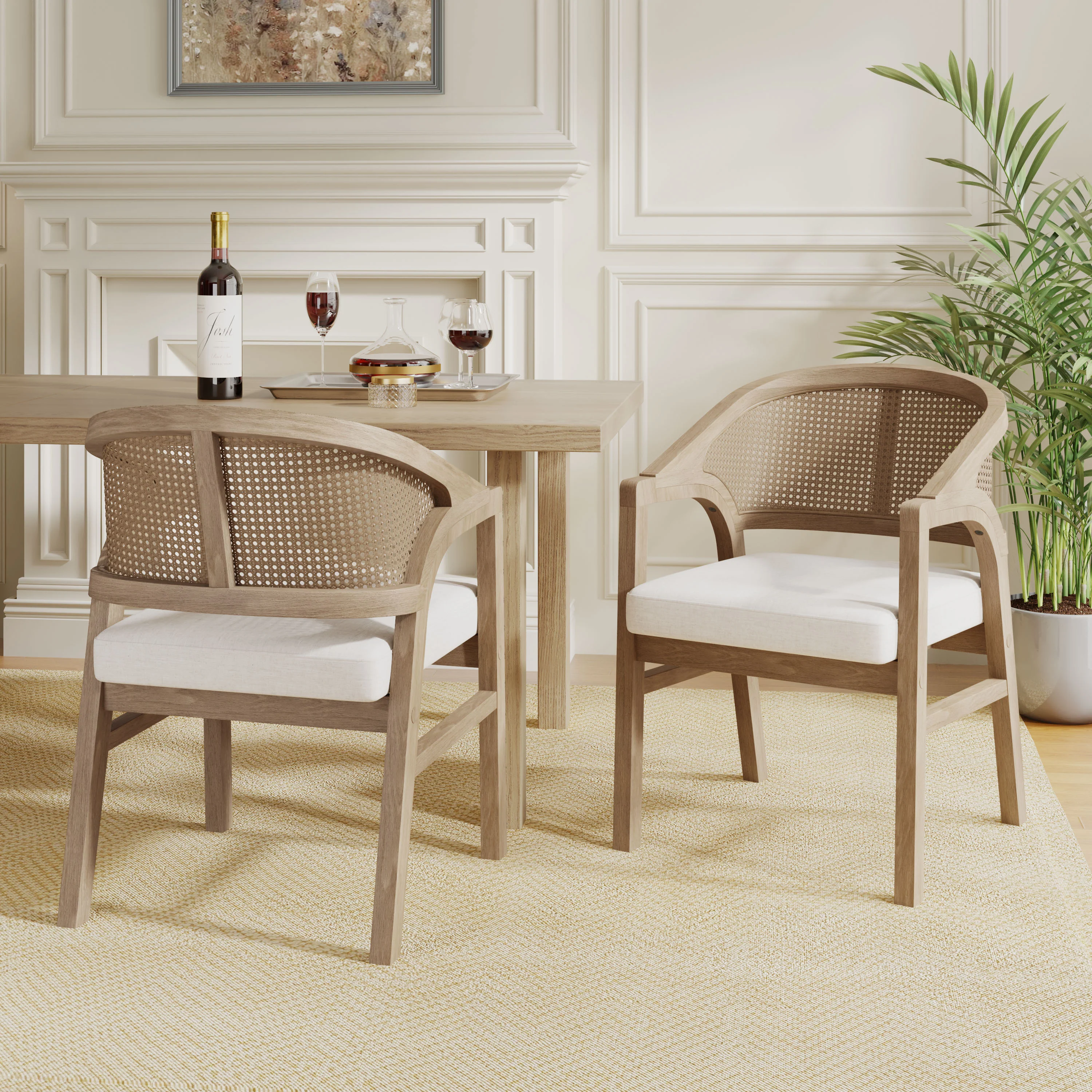 Wooden Frame Dining Chair with Rattan Back, Set of 2 - Image 2