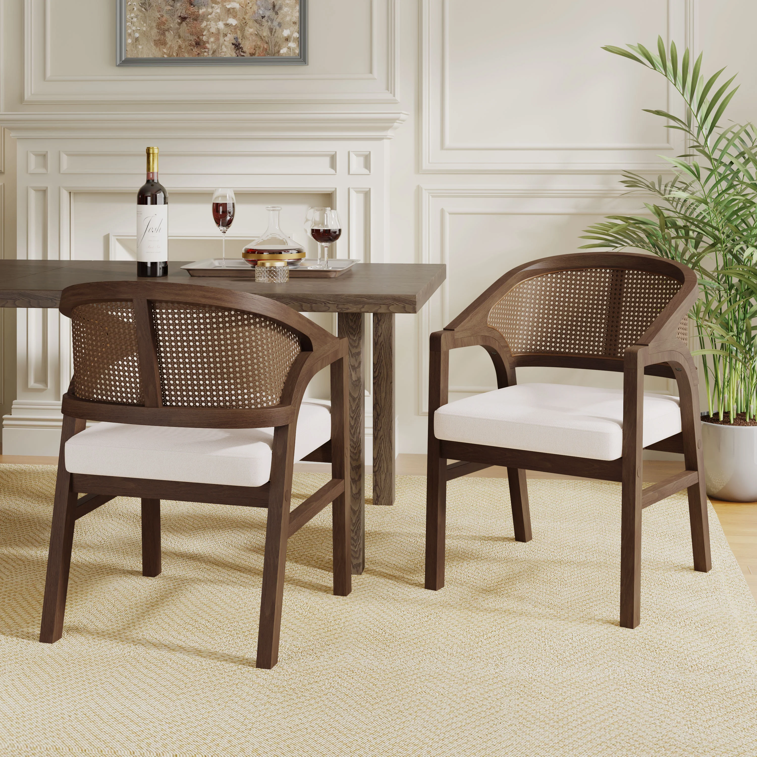 Wooden Frame Dining Chair with Rattan Back, Set of 2 - Image 25