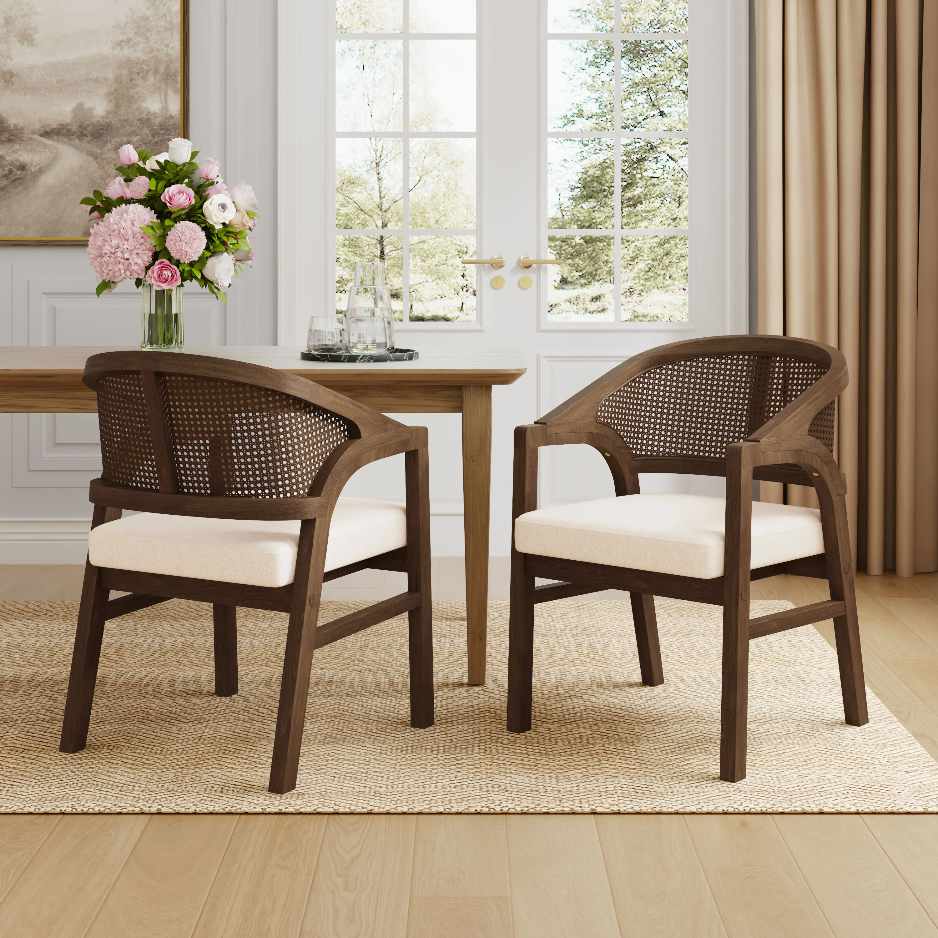 Wooden Frame Dining Chair with Rattan Back, Set of 2 - Image 38