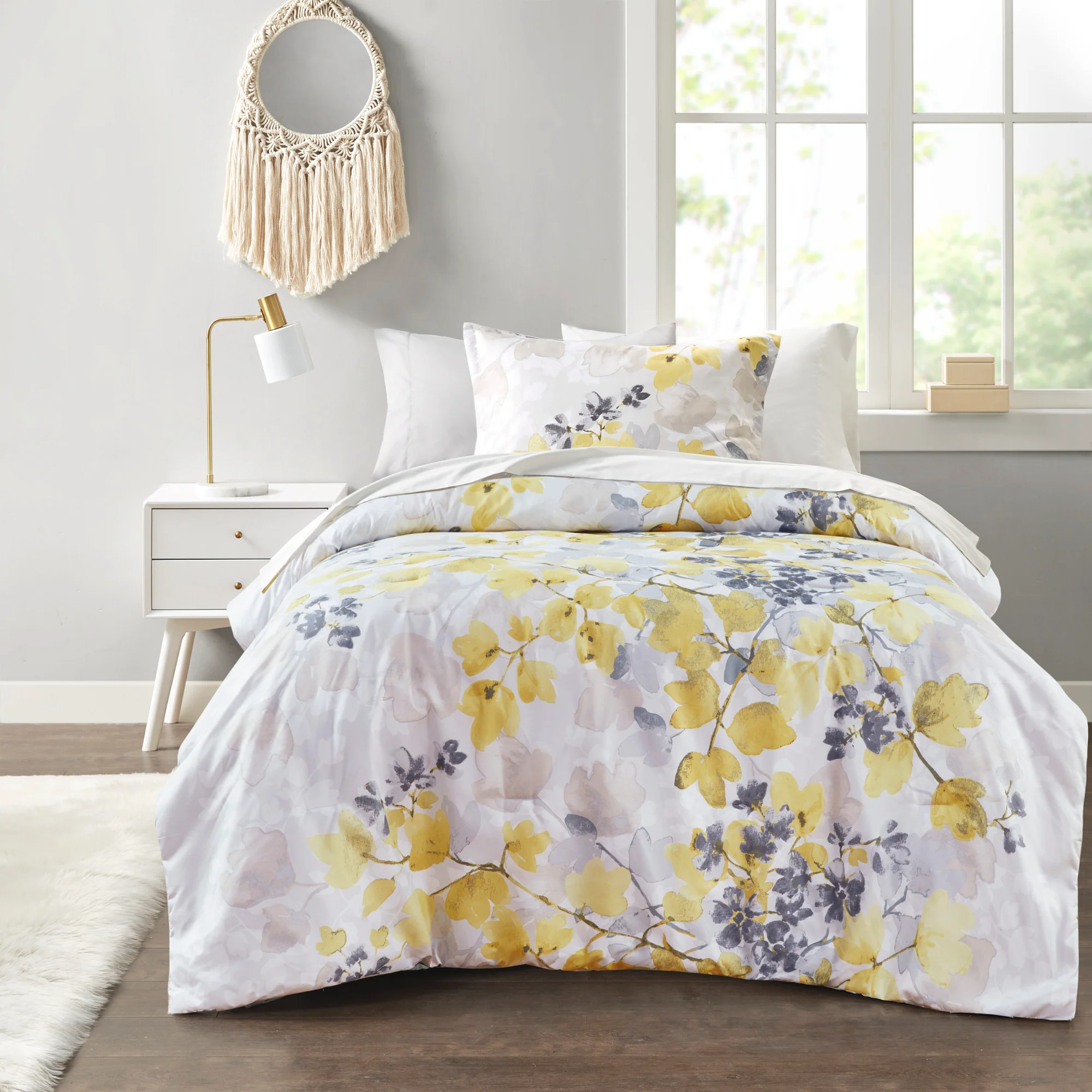 Yellow Floral Twin XL Comforter Set with Bed Sheets